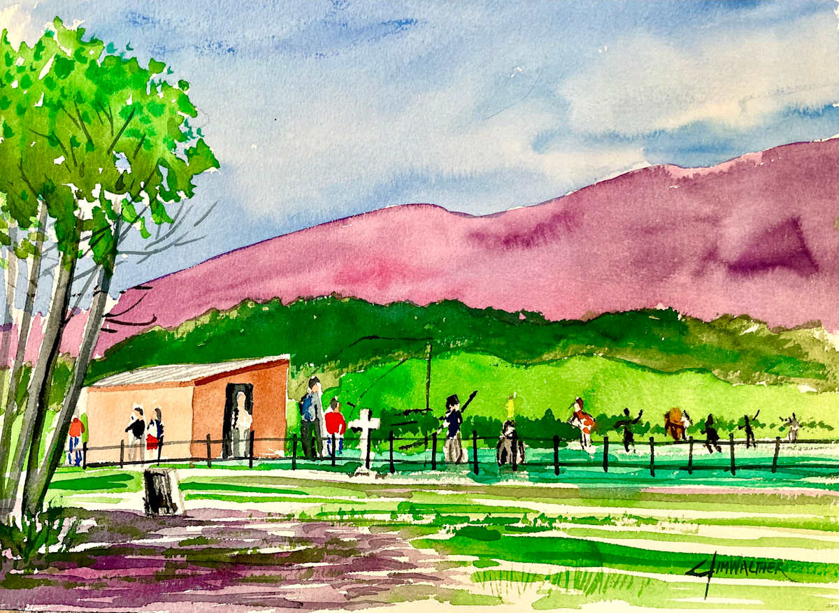 Hey - Batter, Batter... by Jim Walther  Image: The incongruity of this scene is extreme. In Taos, there is Kit Carson Park, that contains the gravesite of the early pioneer and military man. Right beside it is a baseball field. Here is spring pickup game.