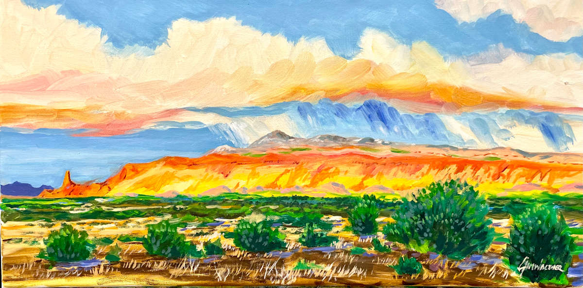 Coming to Ghost Ranch by Jim Walther  Image: The wonder of the Piedra Lumbre is evident in this painting of the view of the cliffs at Ghost Ranch.