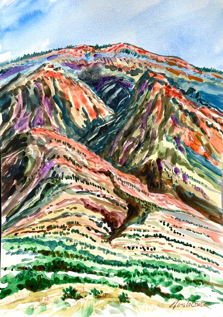 The Upclose Sandias by Jim Walther  Image: Painted during a Plein Air session at 6,000 ft and 35 degrees this is the Sandia range looking straight up at it.