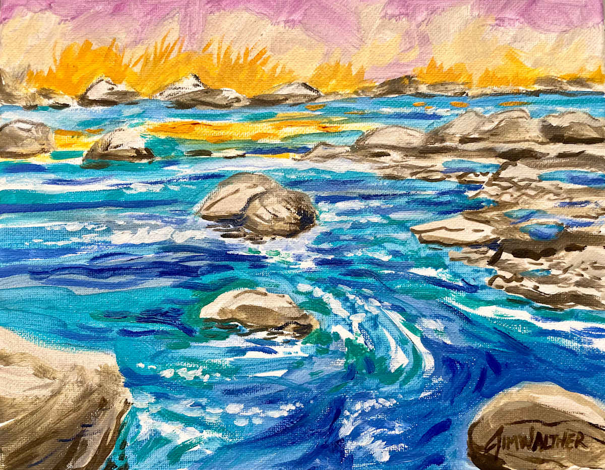 The Pecos River at Cowles by Jim Walther  Image: This little oil is set at Cowles, NM where the Pecos River is a beautiful trout stream. Thios is near the "Perro Caliente Ranch" that J. Robert Oppenheimer owned.