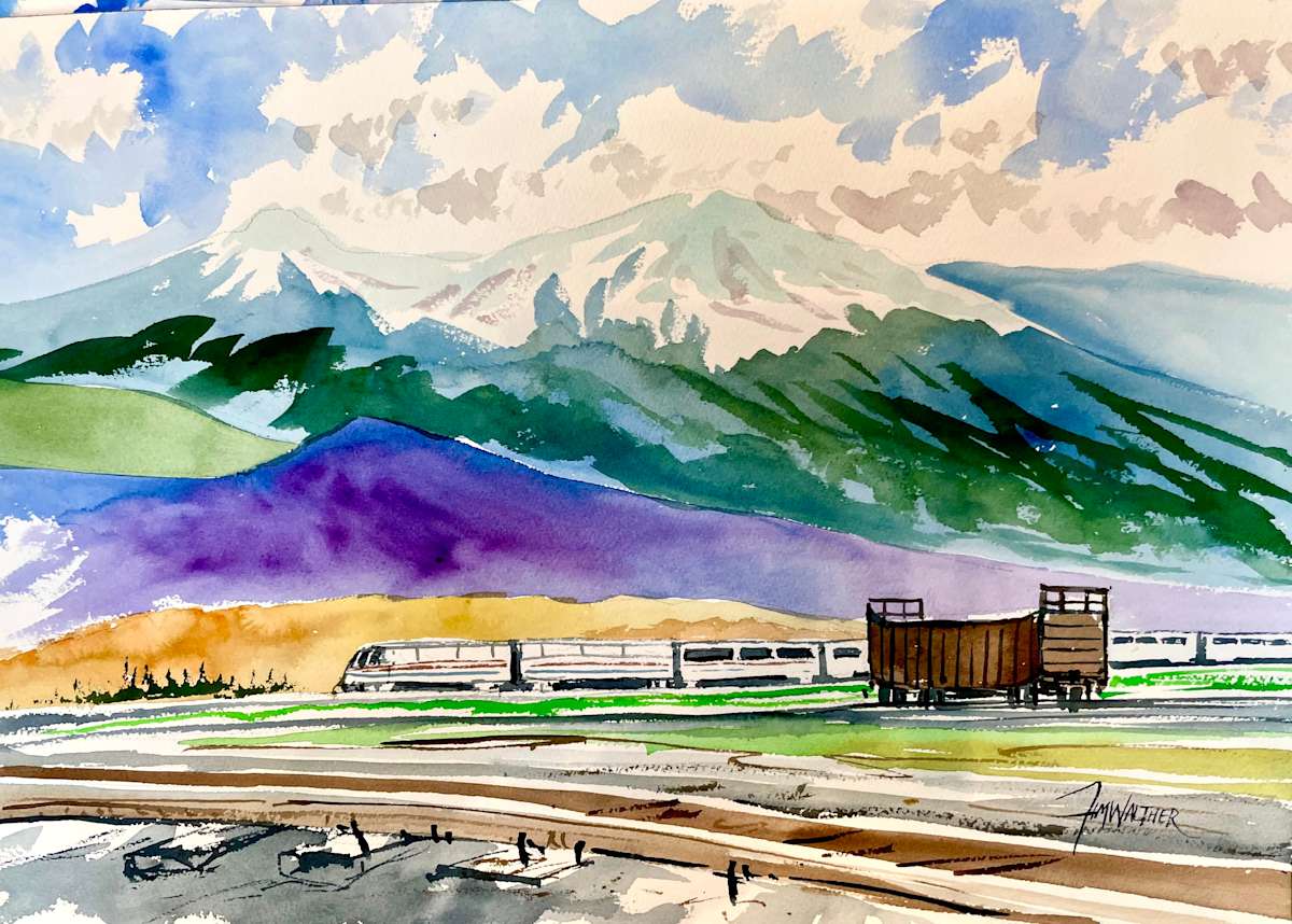 Amtrak through Tabernash Colorado by Jim Walther  Image: You would not necessarily think you would see sleek cross-country Amtrak service in the Rockies but the line cuts through. Painted during a family reunion of my wife's family.