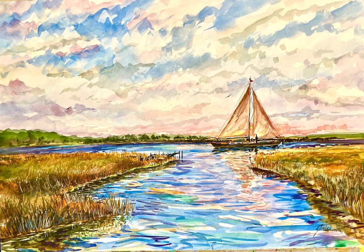 Along the Intracoastal Waterway by Jim Walther  Image: This nice watecolor was inspired by the trip my parents took on their sailboat from Annapolis MD. to Beaufort SC using the Intracoastal most of the way. This is as the waterway looks in Alligator River, NC.