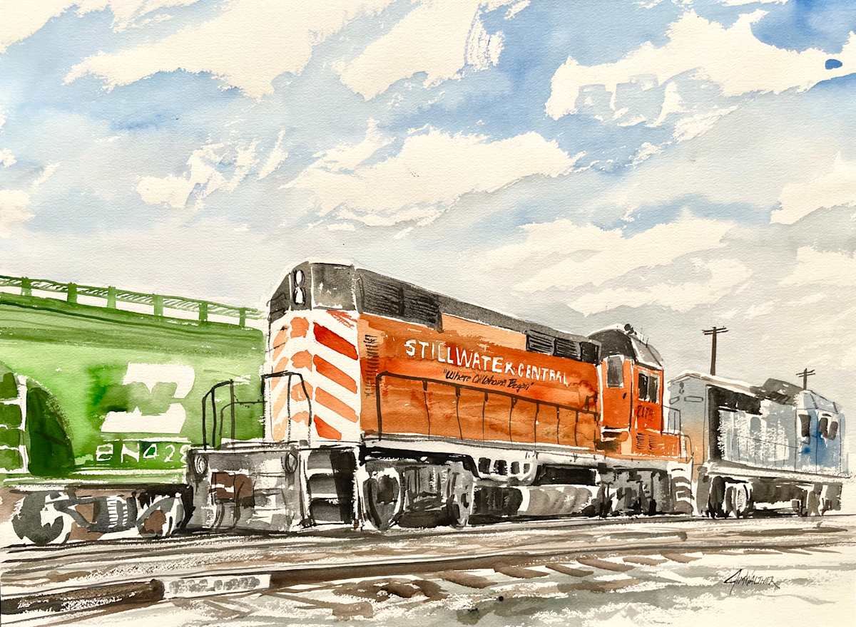 Stillwater Central by Jim Walther  Image: Painted in Stillwater where my son was attending OSU, the Stillwater Central is a small regional railcarrier. 