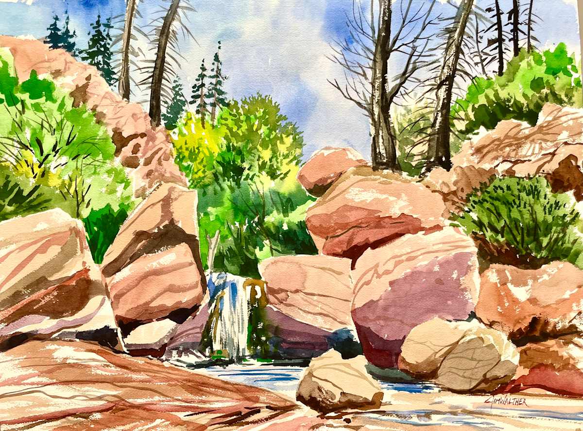 Falls in Box Canyon by Jim Walther  Image: Celeste and I went to stay several nights at Ghost Ranch after we moved to New Mexico. I was thrilled to paint there because I studied Georgia O'Keeffe's work and life there when I was in art school. She was still alive and working here and now I was walking in her footsteps as I explored and painted here. Painted on location in the back of Ghost Ranch in one of the box canyons that dead ends.