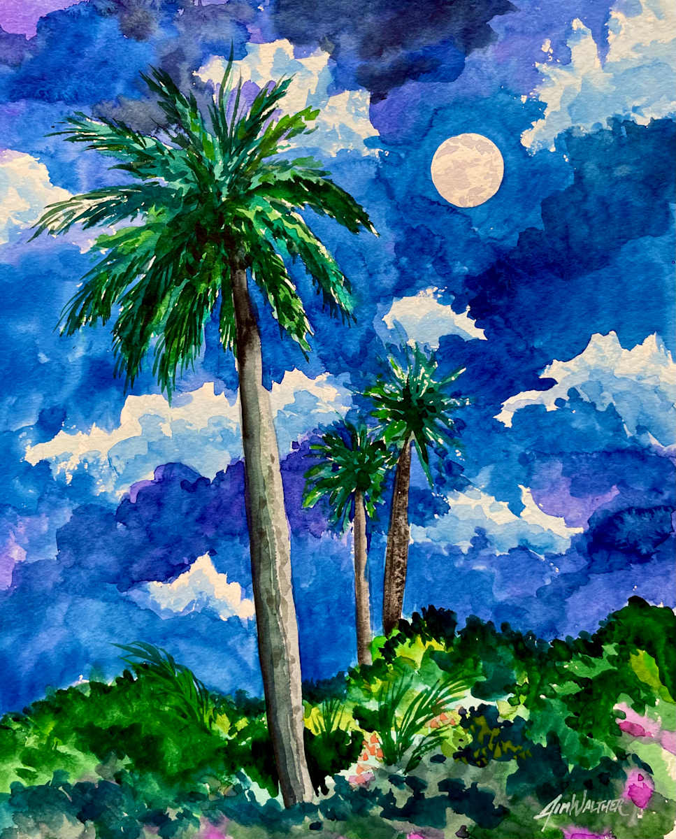 Plantation Night by Jim Walther  Image: This was my very last painting of the very few I did while living in south Florida. Plantation was the suburb of Ft. Lauderdale where we lived for 4 years. This was a nighttime impression of the tall palm tree in our front yard on a warm moonlit night.  before moving to New Mexico.