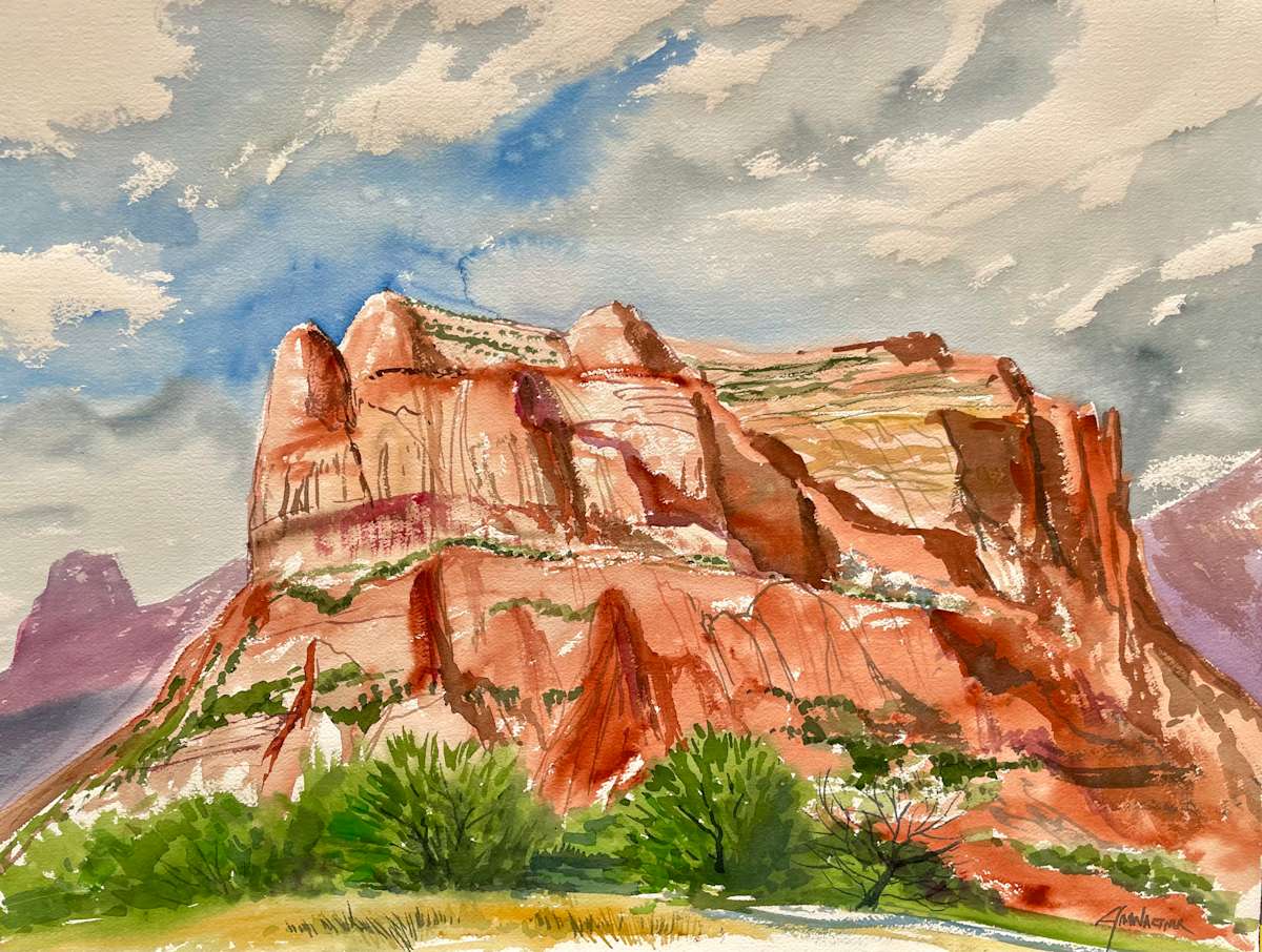 Courthouse Butte, Sedona AZ by Jim Walther  Image: Painted on the truck of the car in between snow squalls in March of 2000. we had been chased out of the Grand Canyon rim area and south to get out of a snow storm.