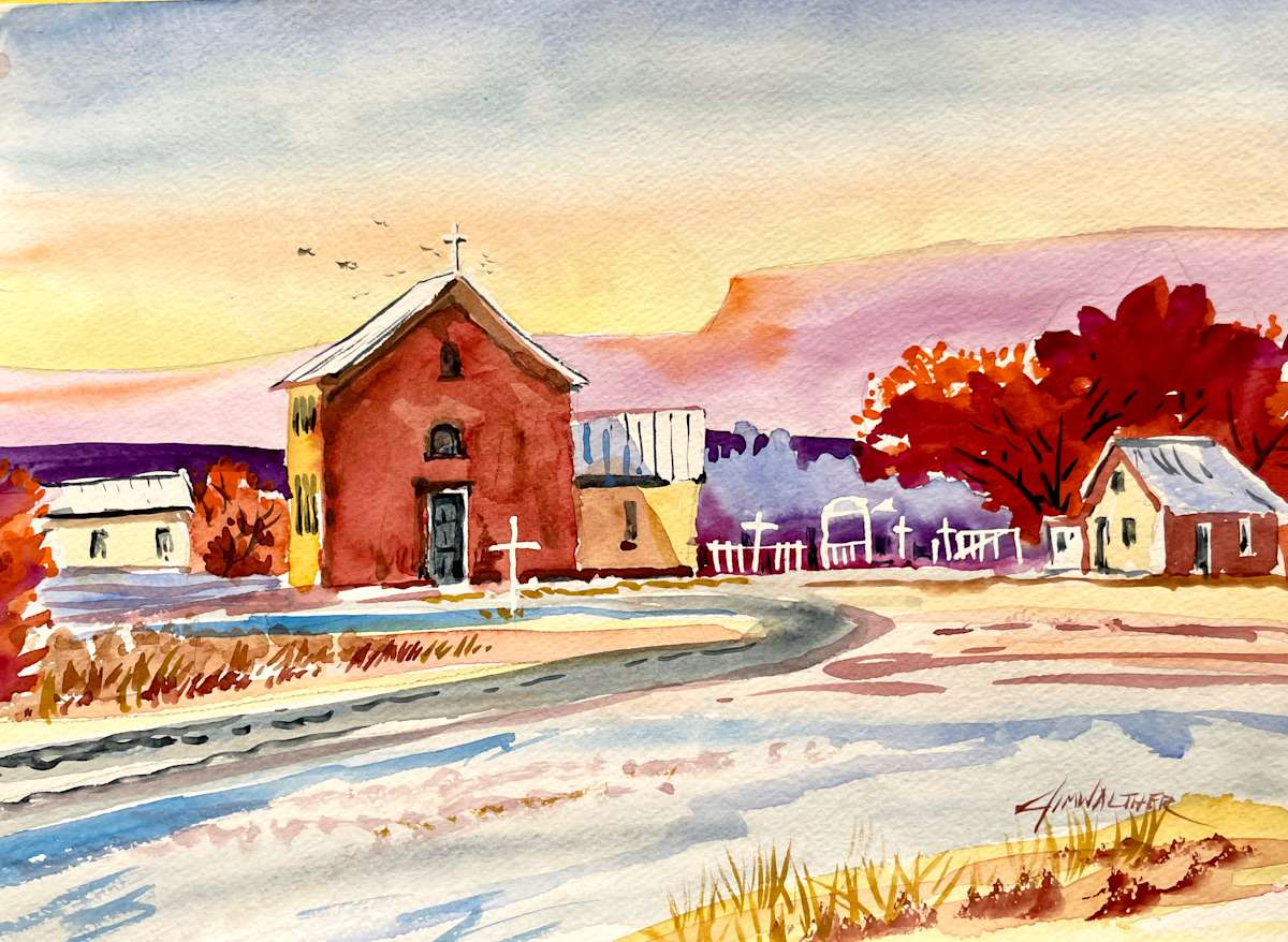 Winter Morning at San Miguel by Jim Walther  Image: The quiet of a winter morning in the tiny hamlet of San Miguel in the northern reaches of New Mexico's highlands. I have painted thgis village many times, each is enchanting.