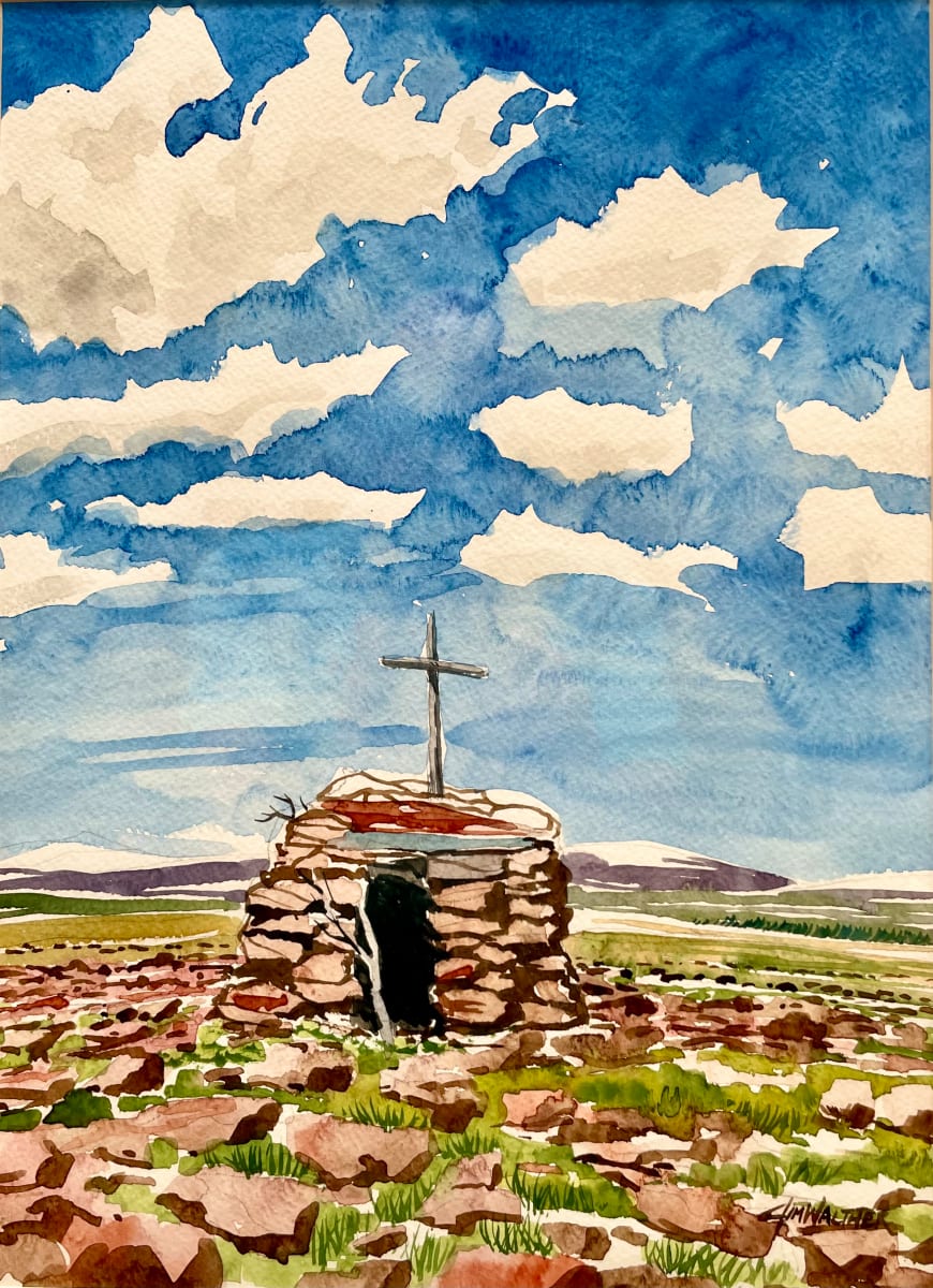 Penitente Site by Jim Walther  Image: My dear old best friend "Wart" visited me in 2000 and we went camping in the mountains of southern Colorado. During a hike, we found this a very remote ceremonial and religious site on the crest of Cornwall Mountain in the San Juan Mountains of southern CO. This painting is from a photograph taken at 14,000 feet.