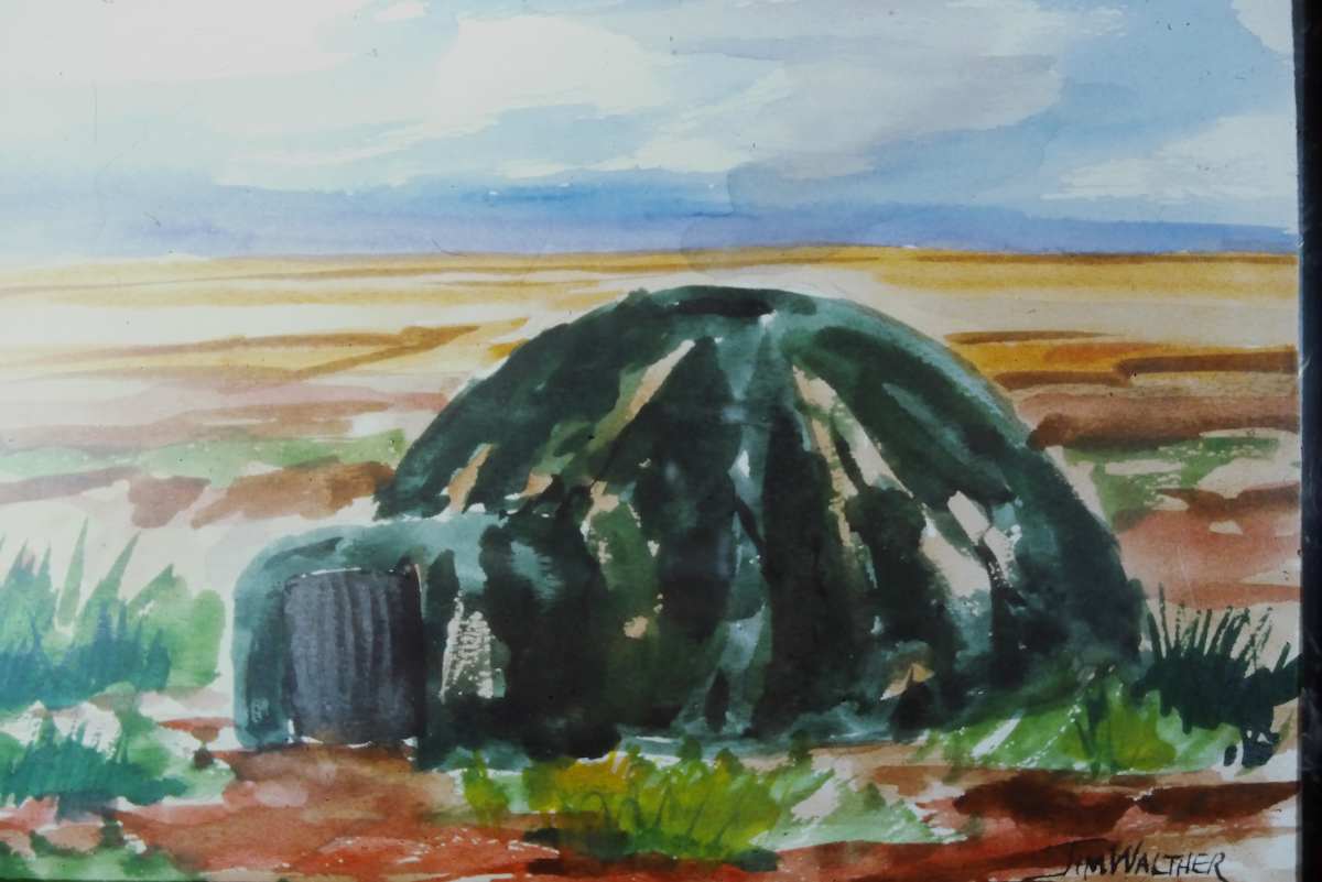 Summer Sod House by Jim Walther  Image: From a series of five small watercolors done to illustrate various historic native American dwelling types.
