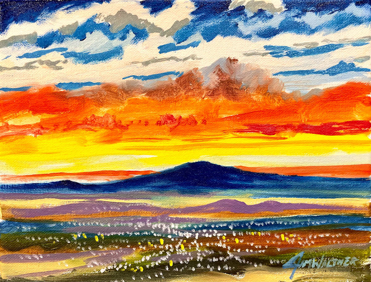 Evening comes to Albuquerque by Jim Walther  Image: This view looking west at Mt. Taylor in Grants, NM shows the twinkling lights of the city below.