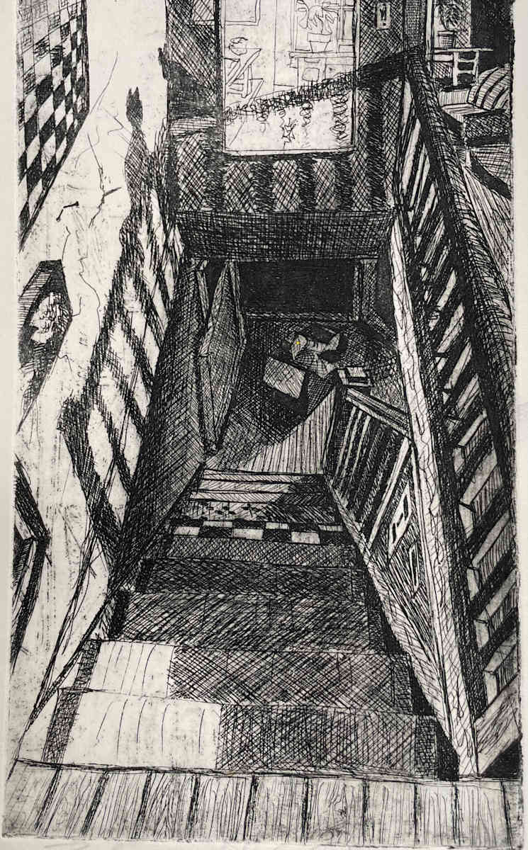 3rd State by Jim Walther  Image: An etching executed in class in intaglio printing college, this is a view from inside my 3rd year apartment house looking down the stairwell.  Notice the mysterious cat shadow on the wall but the cat is not on the railing.