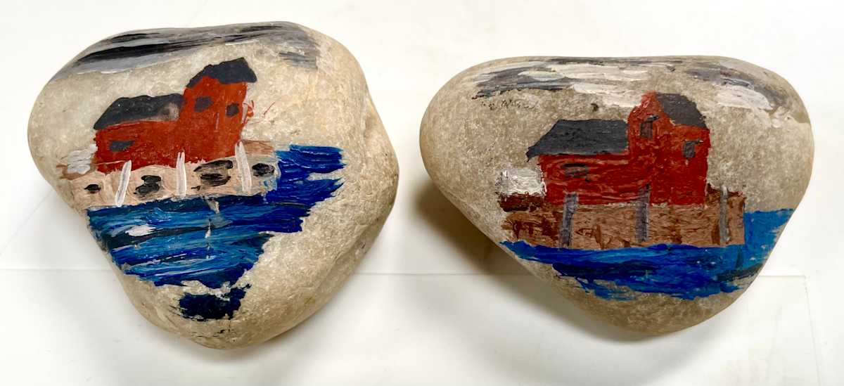 Don't take me for Granite by Jim Walther  Image: Painted these two granite river stones on a family vacation to Rockport MA in 1969. These are views of "Motif #1" on Bearskin Neck. This was the most painted structure in America at the time. Over the years, I have painted this scene about 6 times all together.