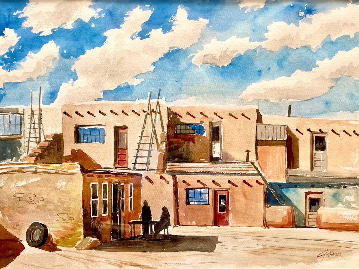 Acoma Afternoon by Jim Walther  Image: Soon after arriving in New Mexico, Celeste and I were visited by old friends Bill and Dee Bradshaw. They wanted to experience Acoma Sky City and we had not been either. This studio watercolor painting is from a photograph taken on top of the mesa. This is a very mysical space with lots of history of the intersection of Hispanic and Native cultures back in the 1600's. Seeing the people still living in this ancient place is enchanting.