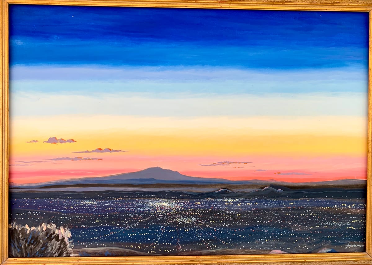 Sunset Albuquerque by Jim Walther  Image: This is what I see from the hills near my house on a late summer afternoon as the day slips away. The deep blue way up high, the colors of the sunset over the west mesa and the iconic volcanos cones across the Rio Grande with Mt. Taylor showing 65 miles away like you can reach out and touch it, the air is so clear and dry. A view looking west over the sparkling city lights of Albuquerque.