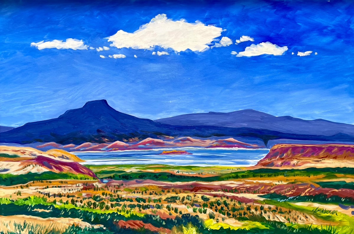 Across the Lake by Jim Walther  Image: View of Cerro Pedernal across Abiqui Lake where Georgia O'Keeffe's ashes were spread upon her passing near Ghost Ranch NM. This  is a favorite view of many as the iconic mountain top appears on the other side of Abiqui Lake The outcrop is prominent and can be seen on the horizon for miles.