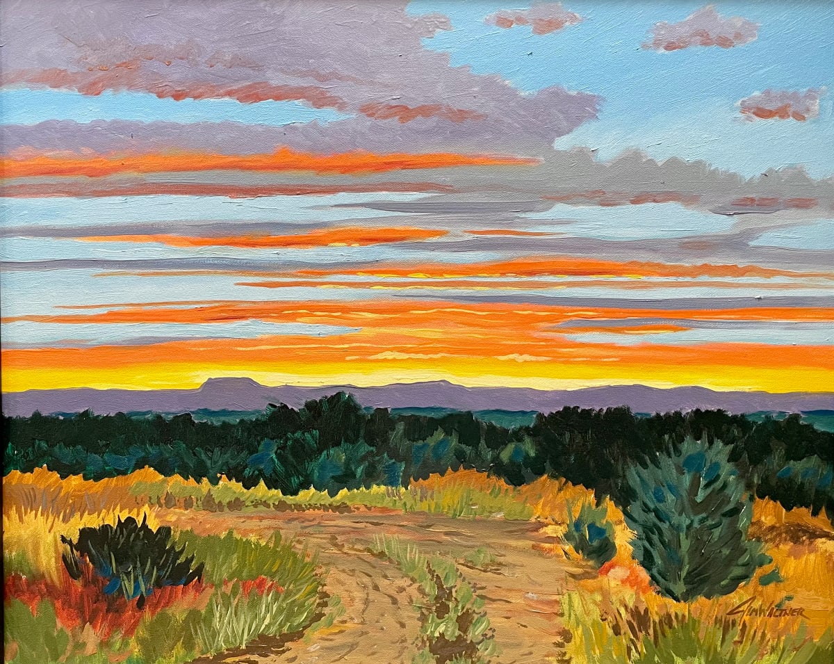 Evening Gift by Jim Walther  Image: This is truly one of my favorite paintings and of one of my favored places, a sunset near Taos NM. You can just feel the deep peace in the air on a warm and quiet desert night. 