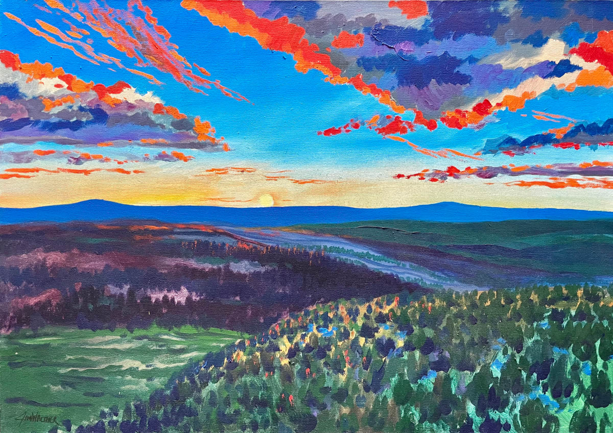 Jemez Sunset by Jim Walther  Image: Painted in 1997 soon after arriving in New Mexico, I began to explore the beauty of the area. This was a striking late evening sunset in the Jemez Mountains.
