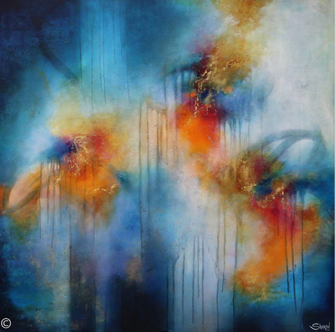 Even Black Hearts Bleed (Colorful Floral Abstract Painting on Birch Canvas) by Sharon Grimes 