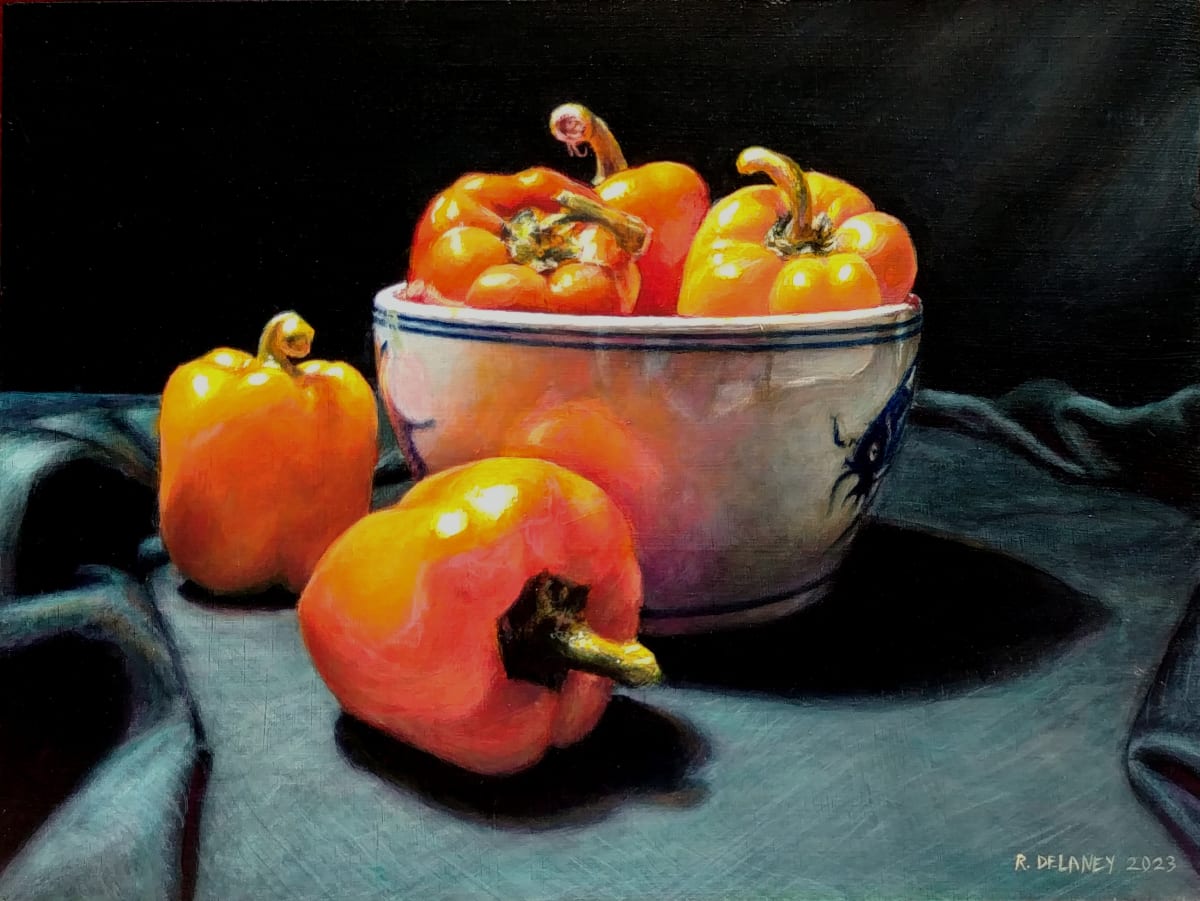Peppers and China Bowl by Richard Michael Delaney  Image: Composed by the artist and photographed to produce references for the final painting.