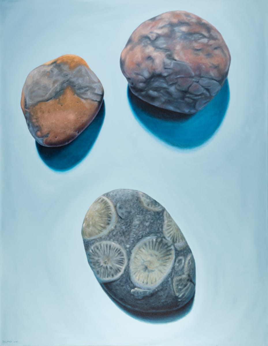 Three Stones on Blue by Richard Michael Delaney  Image: Small beach pebbles painted much larger than life-size.