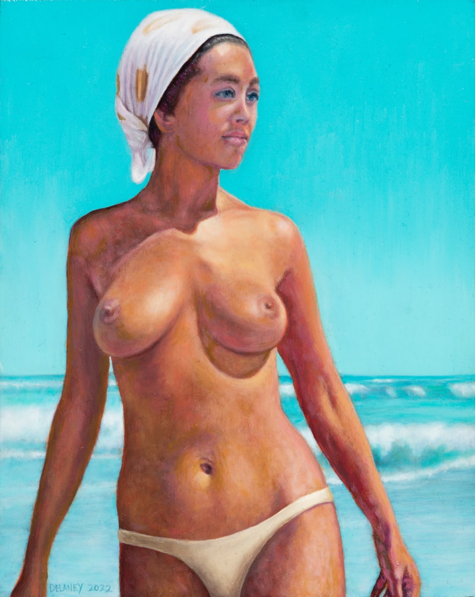 Nude with Headscarf at Seaside by Richard Michael Delaney 