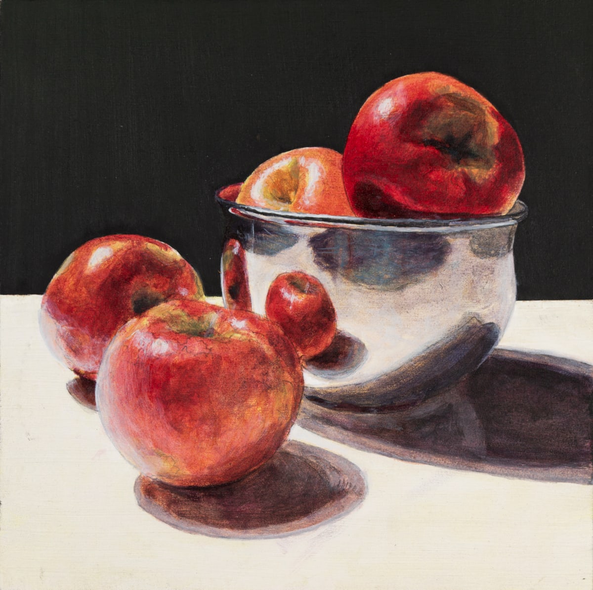 Red Apples and Metal Bowl #1 by Richard Michael Delaney  Image: Painting in progress showing roughed-in color, shadows, and highlights. Composed by the artist and photographed to produce references for the painting. There's something compelling about an unfinished piece that makes the artist wonder whether or not it should be taken further.