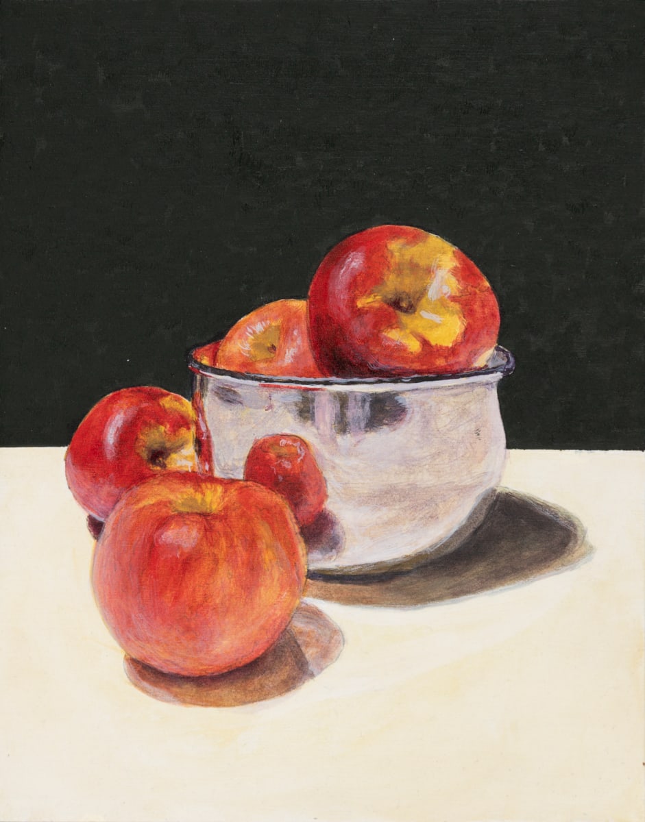 Red Apples and Metal Bowl #2 by Richard Michael Delaney  Image: Painting in progress showing roughed-in color, shadows, and highlights. Composed by the artist and photographed to produce references for the painting. There's something compelling about an unfinished piece that makes the artist wonder whether or not it should be taken further.