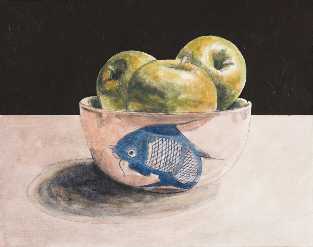Green Apples and China Bowl #2 by Richard Michael Delaney  Image: Painting in progress showing roughed-in color, shadows, and highlights. Composed by the artist and photographed to produce references for the painting. There's something compelling about an unfinished piece that makes the artist wonder whether or not it should be taken further.