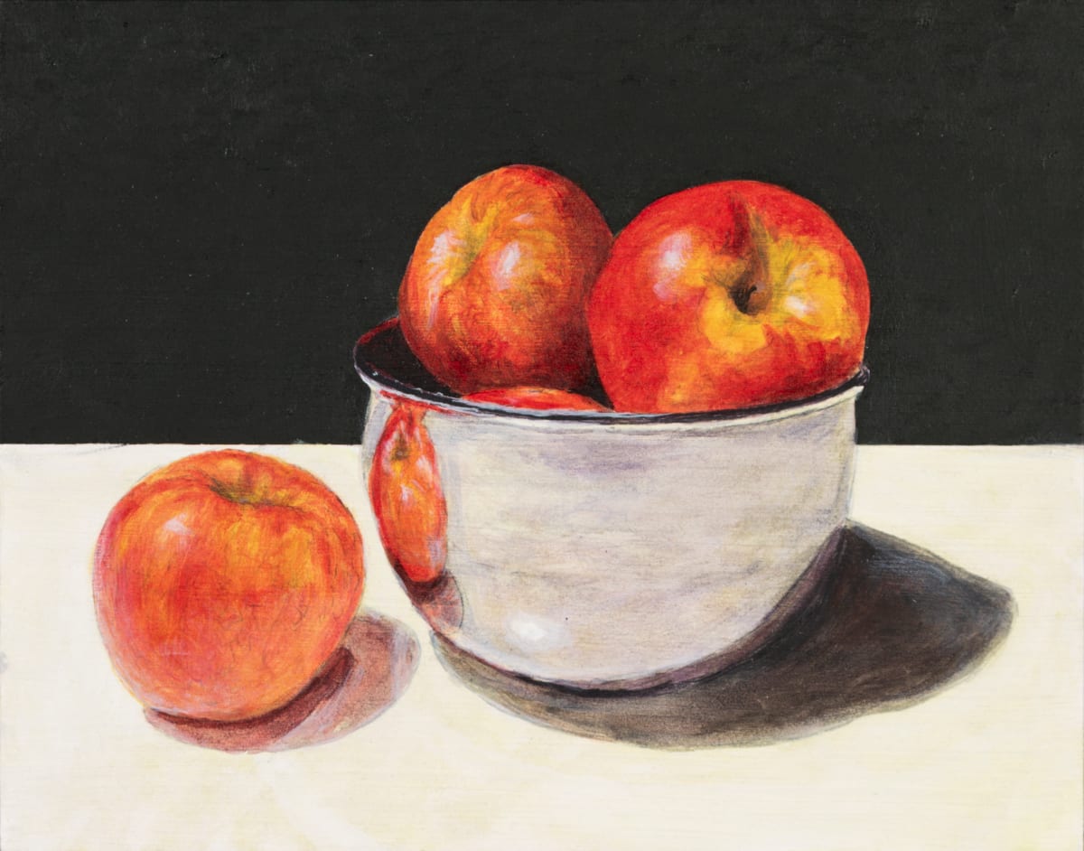 Red Apples and Metal Bowl #3 by Richard Michael Delaney  Image: Painting in progress showing roughed-in color, shadows, and highlights. Composed by the artist and photographed to produce references for the painting. There's something compelling about an unfinished piece that makes the artist wonder whether or not it should be taken further.