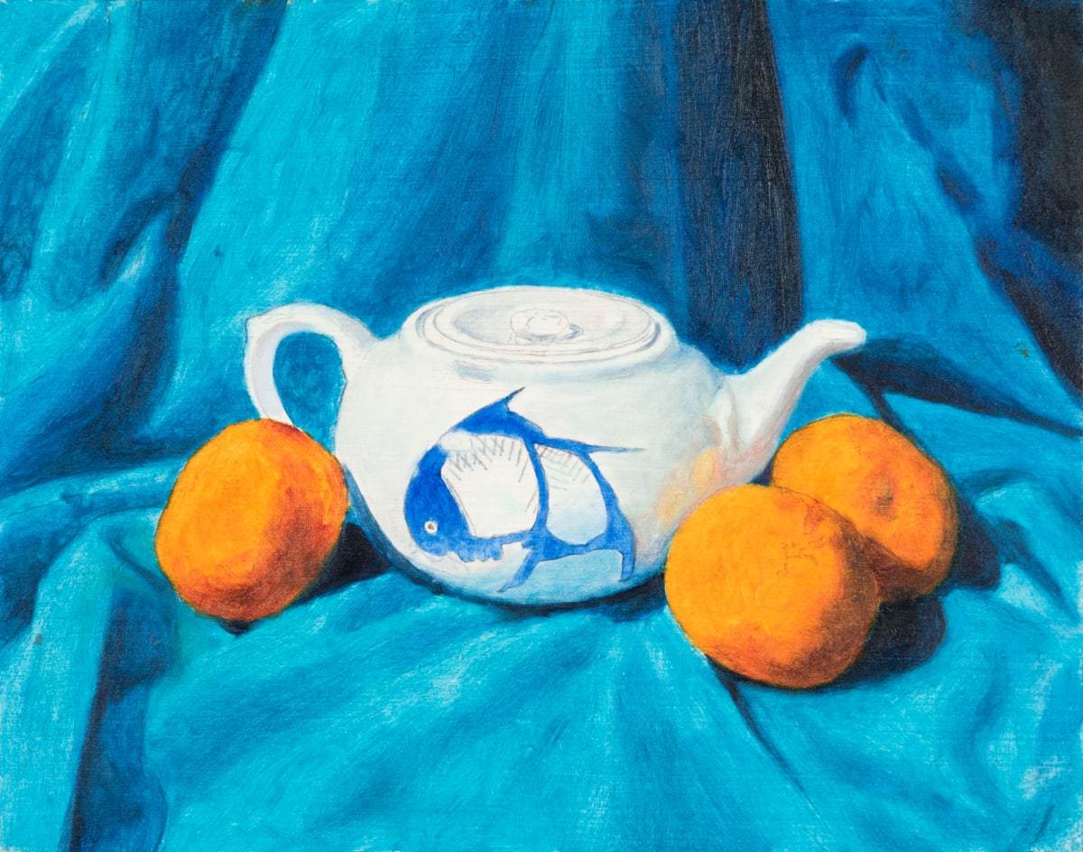 Three Tangerines and China Tea Pot by Richard Michael Delaney  Image: Painting in progress showing roughed-in color, shadows, and highlights. Composed by the artist and photographed to produce references for the painting. There's something compelling about an unfinished piece that makes the artist wonder whether or not it should be taken further.