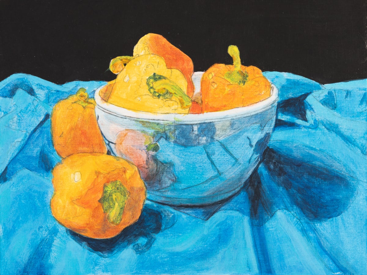 Peppers and China Bowl #2 by Richard Michael Delaney  Image: Early phase in progress showing roughed-in color, shadows, and highlights. Composed by the artist and photographed to produce references for the painting. There's something compelling about an unfinished piece that makes the artist wonder whether or not it should be taken further.