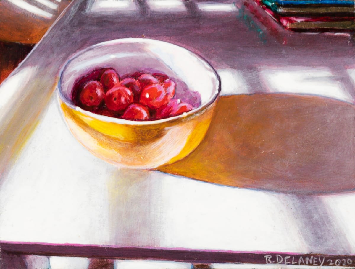 Yellow Bowl and Cherry Tomatoes by Richard Michael Delaney  Image: Small and loosely painted from life and photo references.
