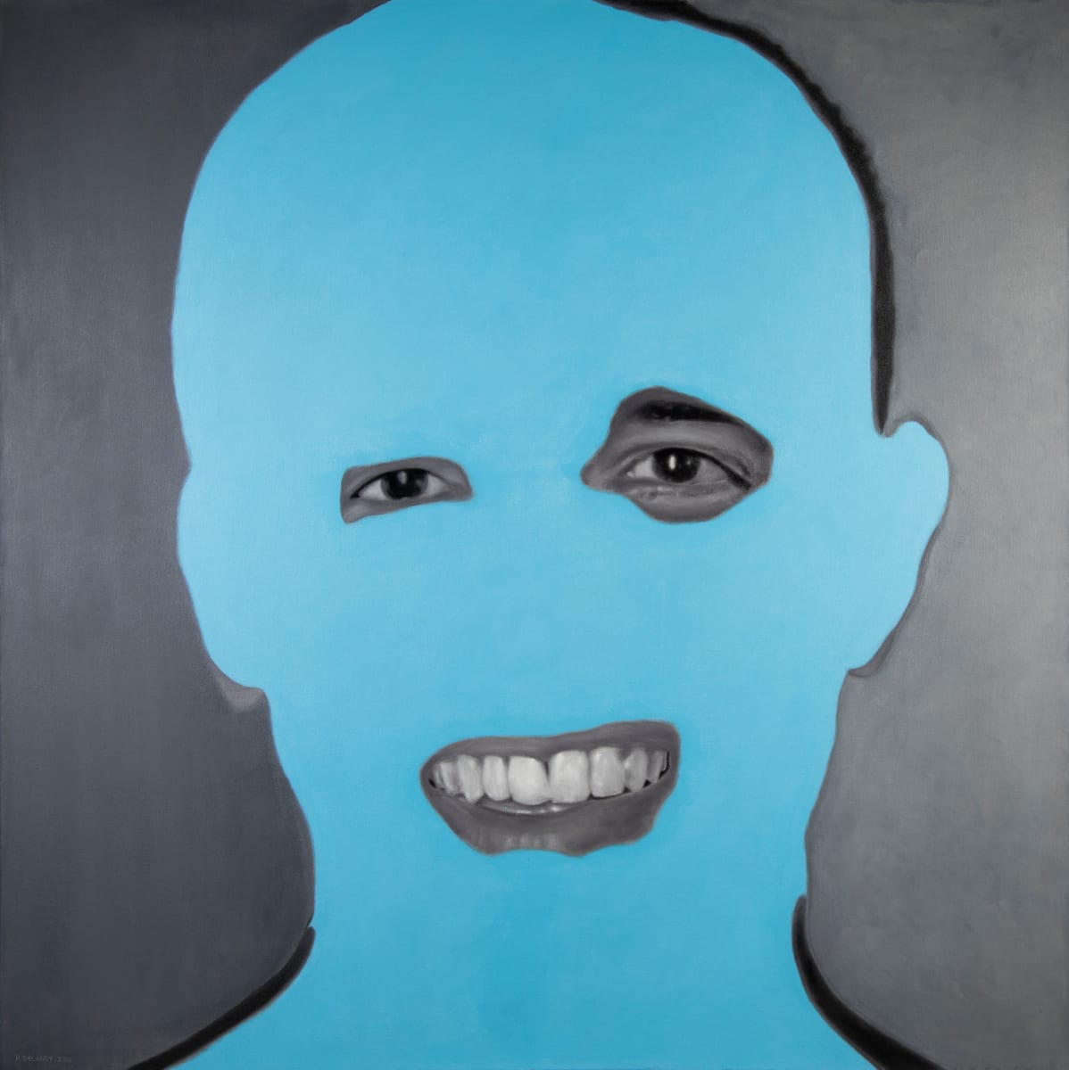 Blue Obama Yes We Can! by Richard Michael Delaney  Image: This painting explores portraiture by reducing the human face to its simplest form. The colored mask reduces the face to the most important features, the mouth and eyes. The mask focusses the viewer's attention on these features which may be regarded as the portals to the person's psyche. 