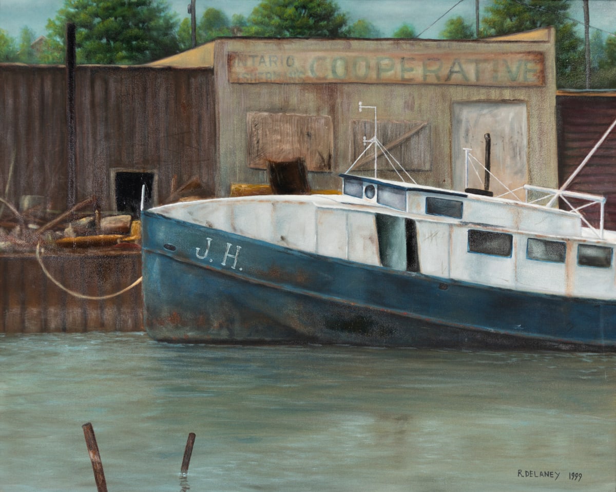 The J. H. by Richard Michael Delaney  Image: A somewhat idealized painting of an old commercial fishing boat and factory, Port Dover. 