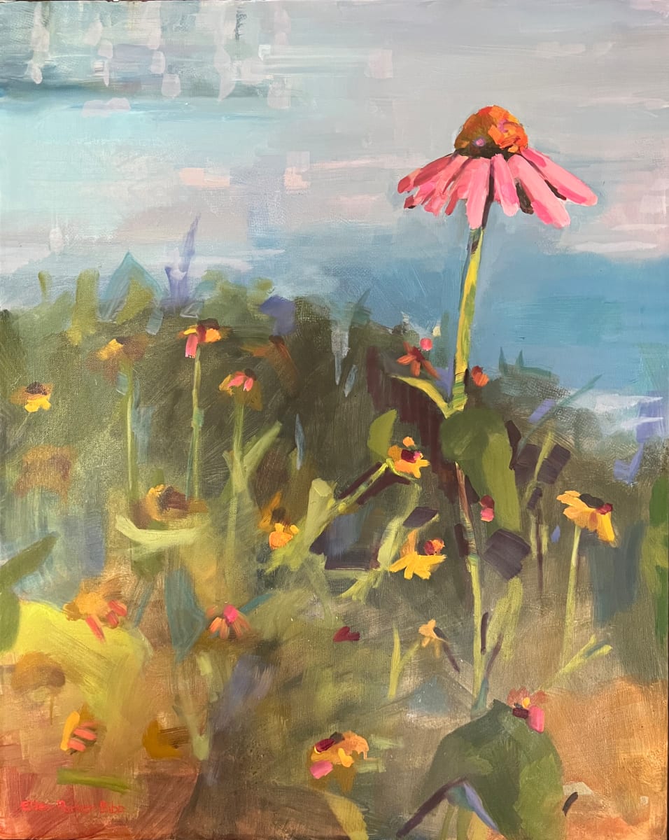Above and Beyond by Ellen Bibb  Image: Purple Coneflower and Brown-eyed Susans with lake in background