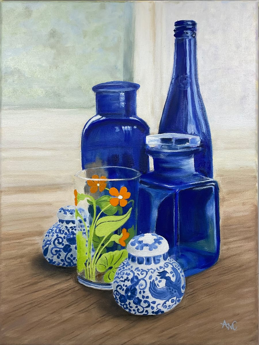 Blue Glass Still Life by Ann Nystrom Cottone  Image: 12 x 16  oil on stretched canvas