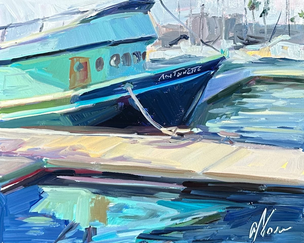 Antoinette by Andrea Nova  Image: While exploring the harbor in Oceanside, you can easily spot this boat because its distinctive color stands out among the sea of white sailboats. As I painted this vessel on location, I had the company of a friendly sea lion that kept swimming by to check on my progress.