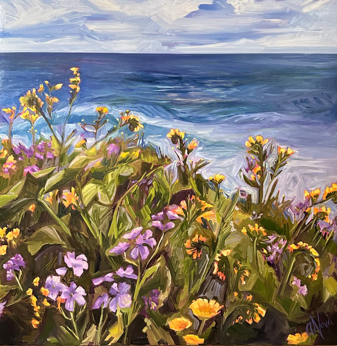 Beacons Wildflowers by Andrea Nova  Image: Painted during one of the wettest and cloudiest winters in Southern California that I can remember. Despite the constant rain, Southern California experienced a Super Bloom. In this painting featuring a view of Encinitas' popular surf spot, Beacons, I aimed to capture the vibrant display of wildflowers. I used my artistic license to portray it as a clear day because I was tired of the reality of endless clouds.