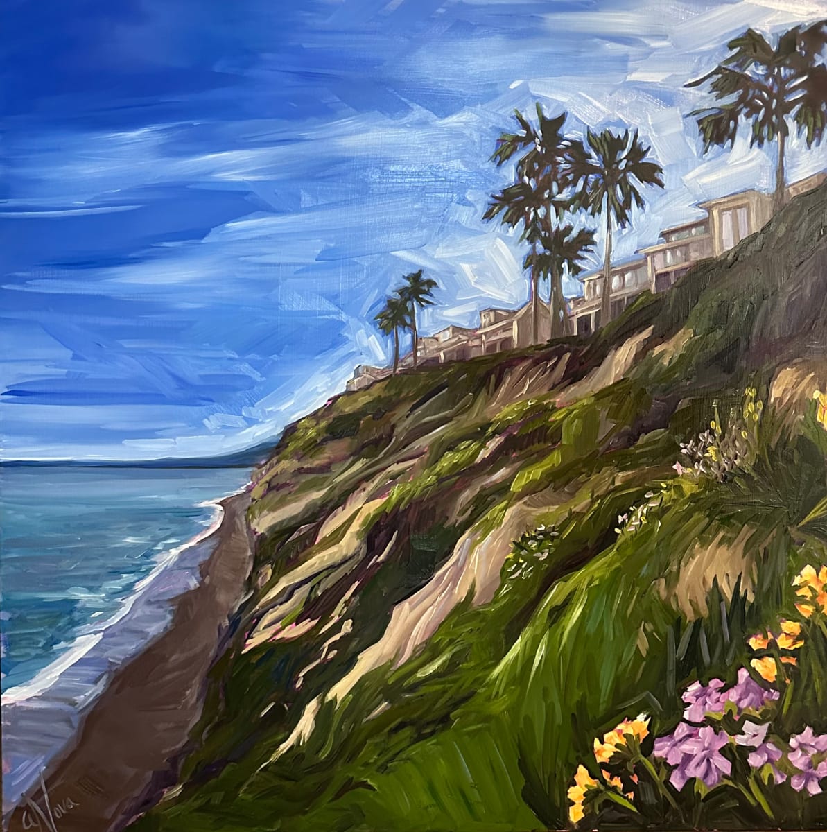 Grandview by Andrea Nova  Image: A view of the local surf spot, Grandview, in Encinitas, CA, looking North. This painting was created during a super bloom in Southern California, so I felt it was important to incorporate some nearby blossoms into the scene, even though they were not originally part of the view and original sketches.