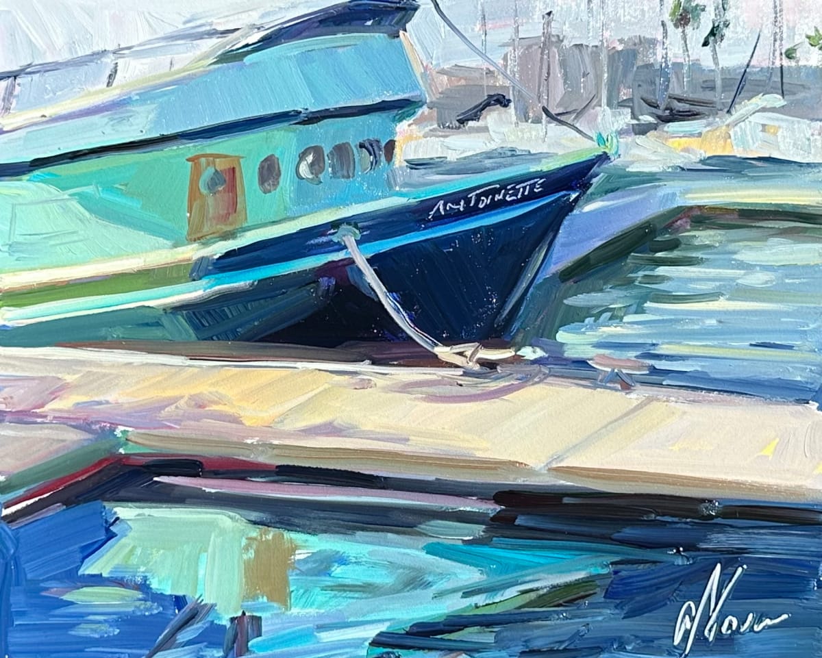 Antoinette by Andrea Nova  Image: This boat was painting on location at the Oceanside Harbor in sunny Oceanside, California. Not pictured in this painting was a friendly Sea Lion that swam by several times to check on my progress. 