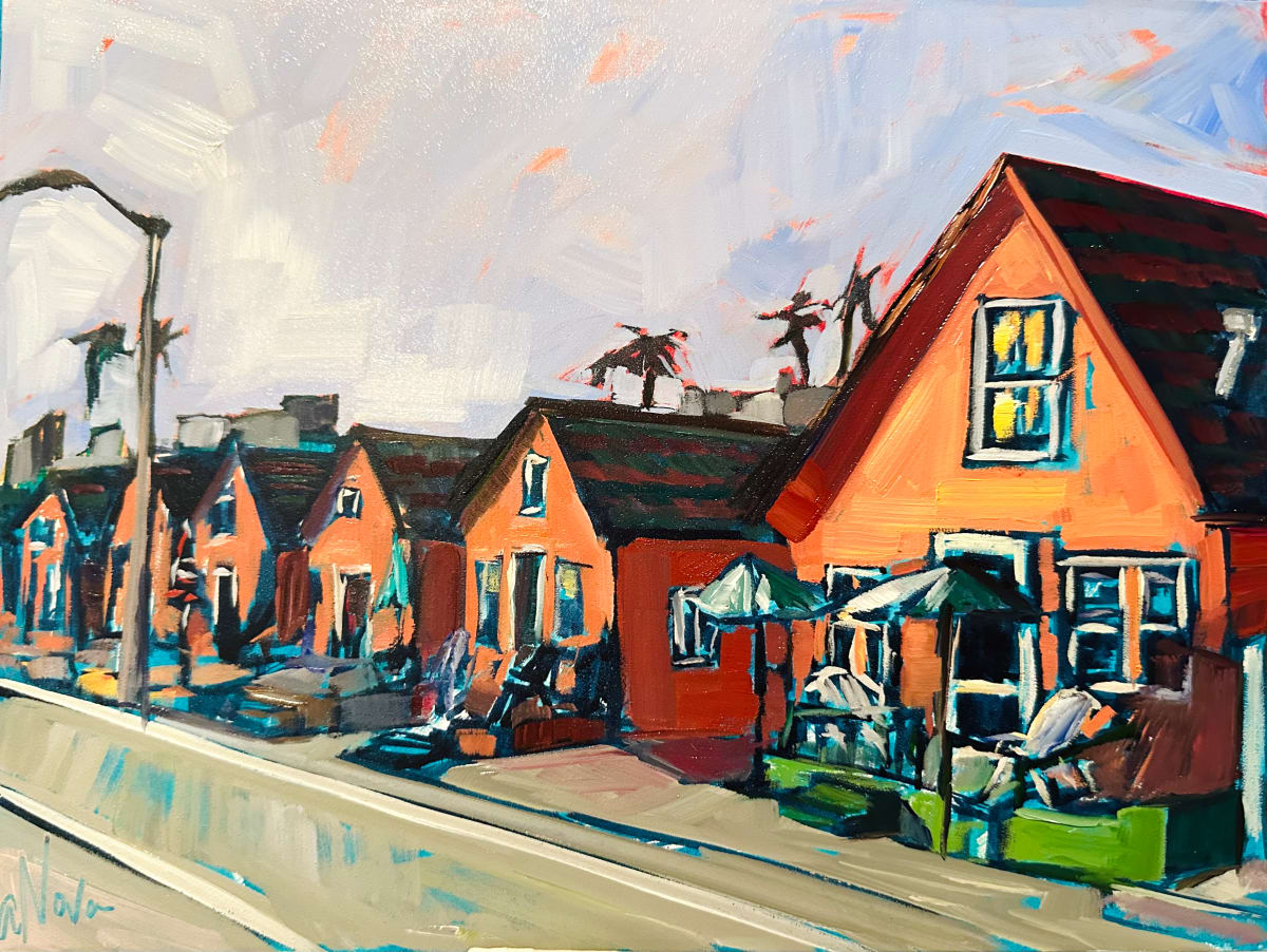 Roberts Cottages by Andrea Nova  Image: With my easel set up in the sands of Strand Beach in Oceanside, CA, I painted these coral cottages one evening during the 2023 Oceanside Museum Plein Air Festival. It was a gorgeous evening, painting alongside other local artists while listening to the soothing sounds of the surf as the sun went down.