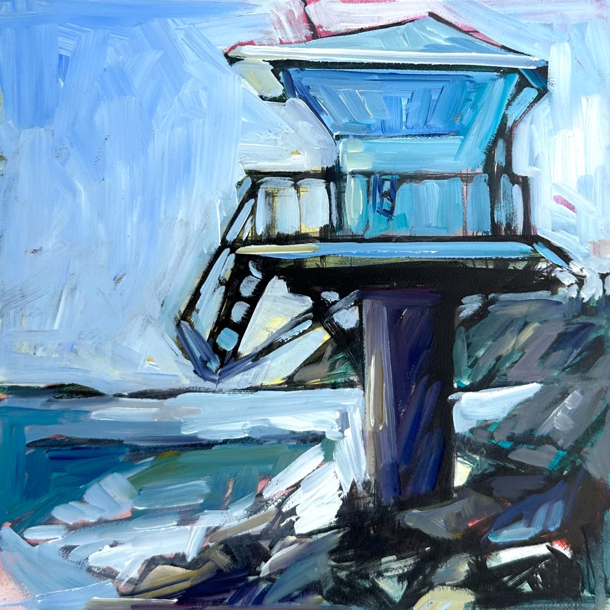Tower 18 II by Andrea Nova  Image: The creative process often leads to delightful surprises, like this expressive painting of Tower 19 in Cardiff by the Sea, CA. The use of ink and oil, along with the inadvertent transformation of the 9 into an 8, adds an extra layer of uniqueness to the piece. It's funny how those little quirks become part of a painting's story.