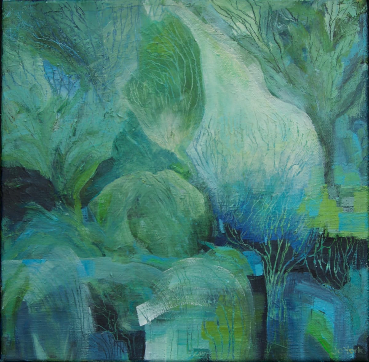 Seas of Green by Jo York  Image: Highly textured and atmospheric painting inspired by the colours, shapes and light of Logan Botanic Gardens.
painted in multiple layers of acrylics with overlaid colour and  s'graffito marks.