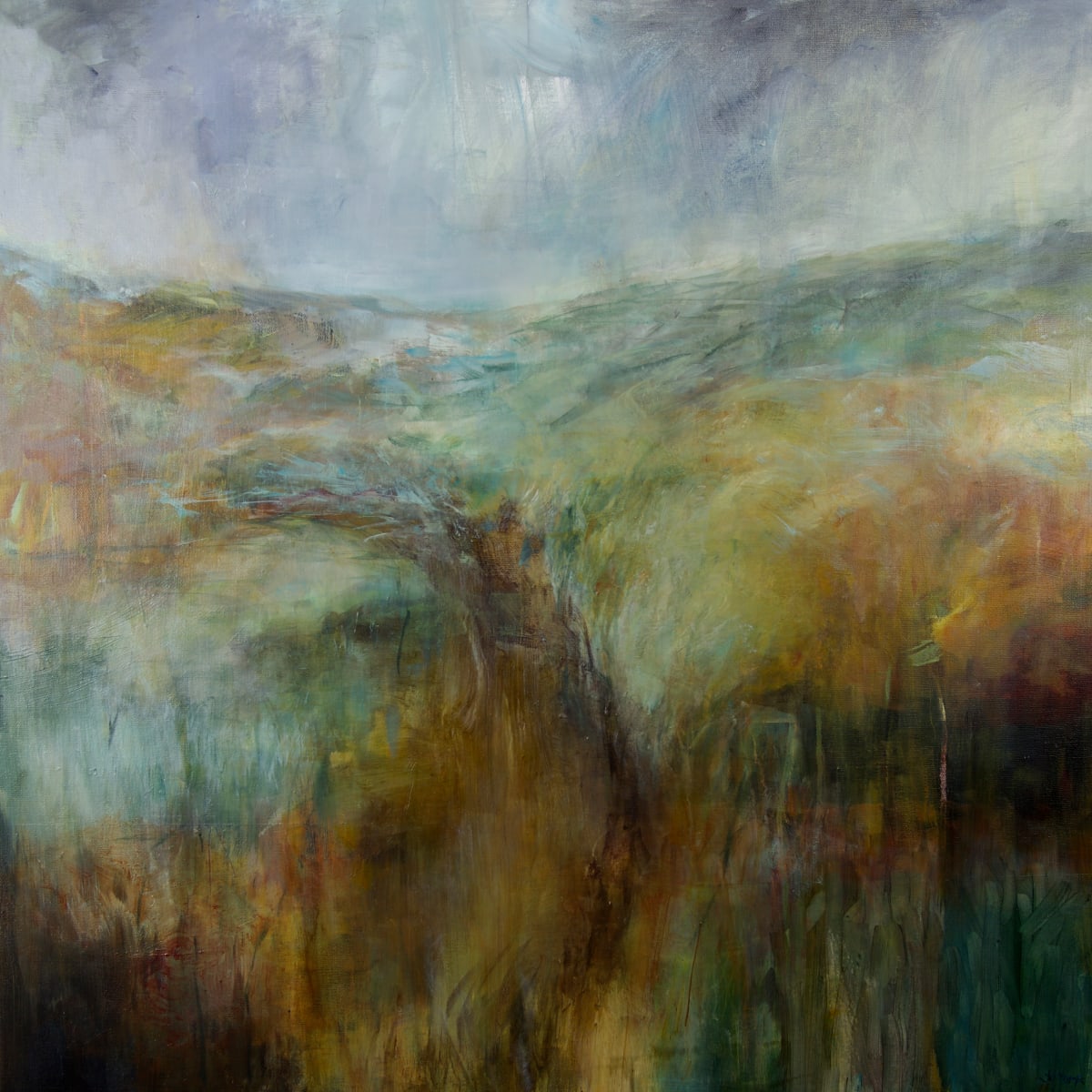 Aftermath by Jo York  Image: Aftermath is an atmospheric painting, and a personal response to bright warm light after a downpour of rain.