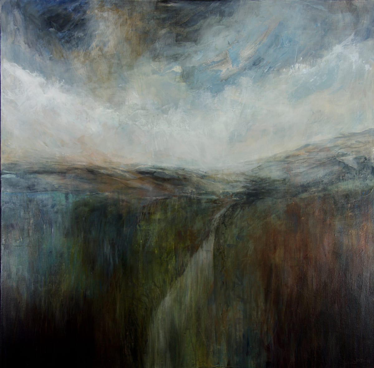 Storm Coming by Jo York  Image: Storm Coming is about walking the local moorland in changing weather, feeling the light and atmosphere, and responding to the softness of grey light