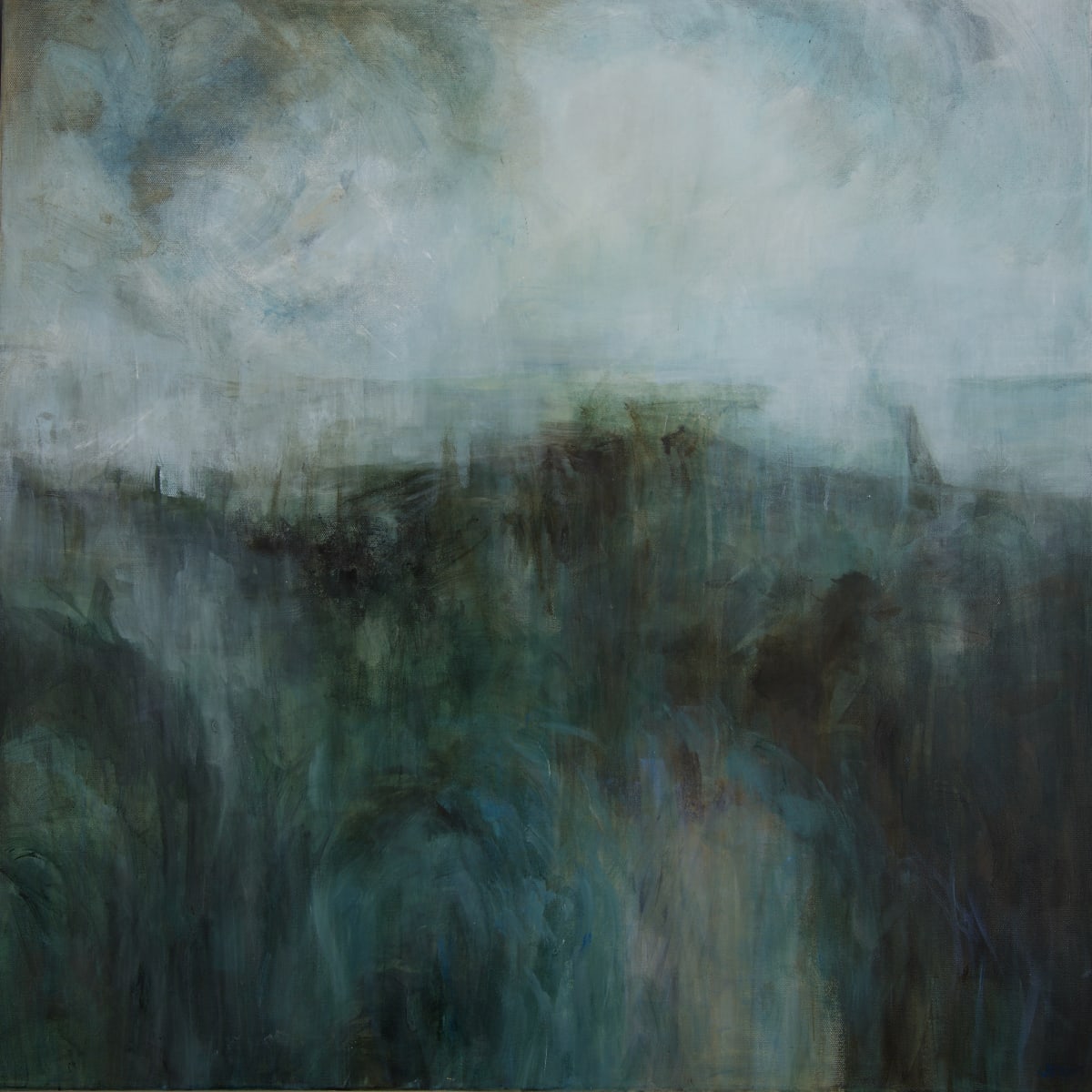 Soliloquy by Jo York  Image: Soliloquy, an atmospheric painting reflecting the calm and intense quiet of a misty morning on the moor
