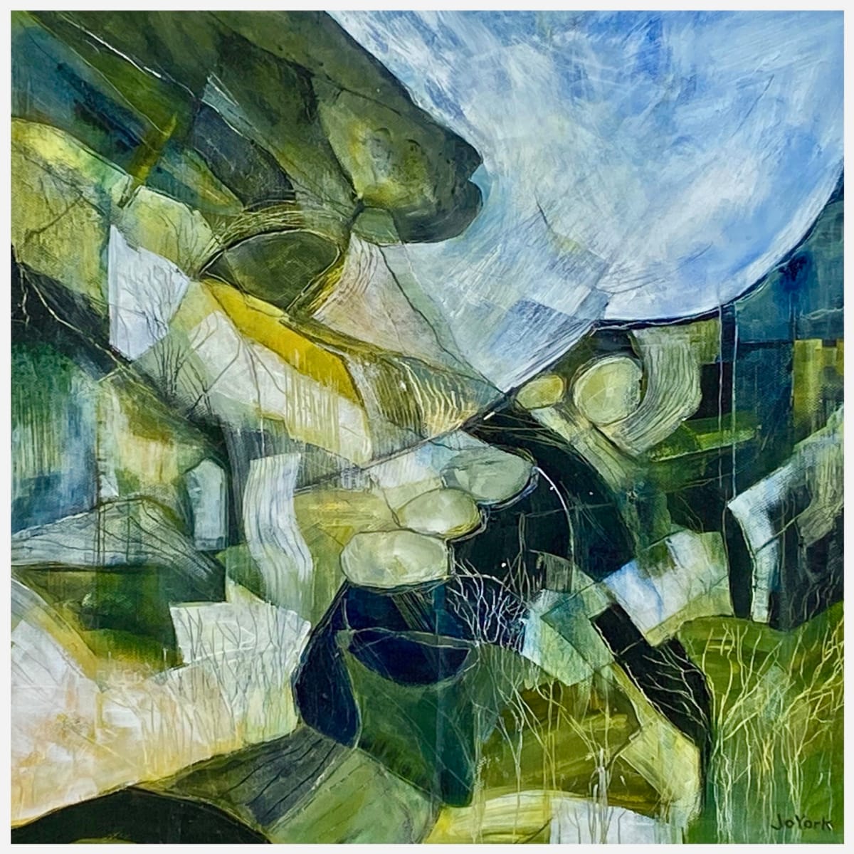 Between the Rocks by Jo York  Image: Between the Rocks: An abstracted and expressive landscape, inspired by an ancient landscape full of rocks and crags and deep ravines. Painted in many layers of acrylic paint with drawn and inscribed detail, on canvas