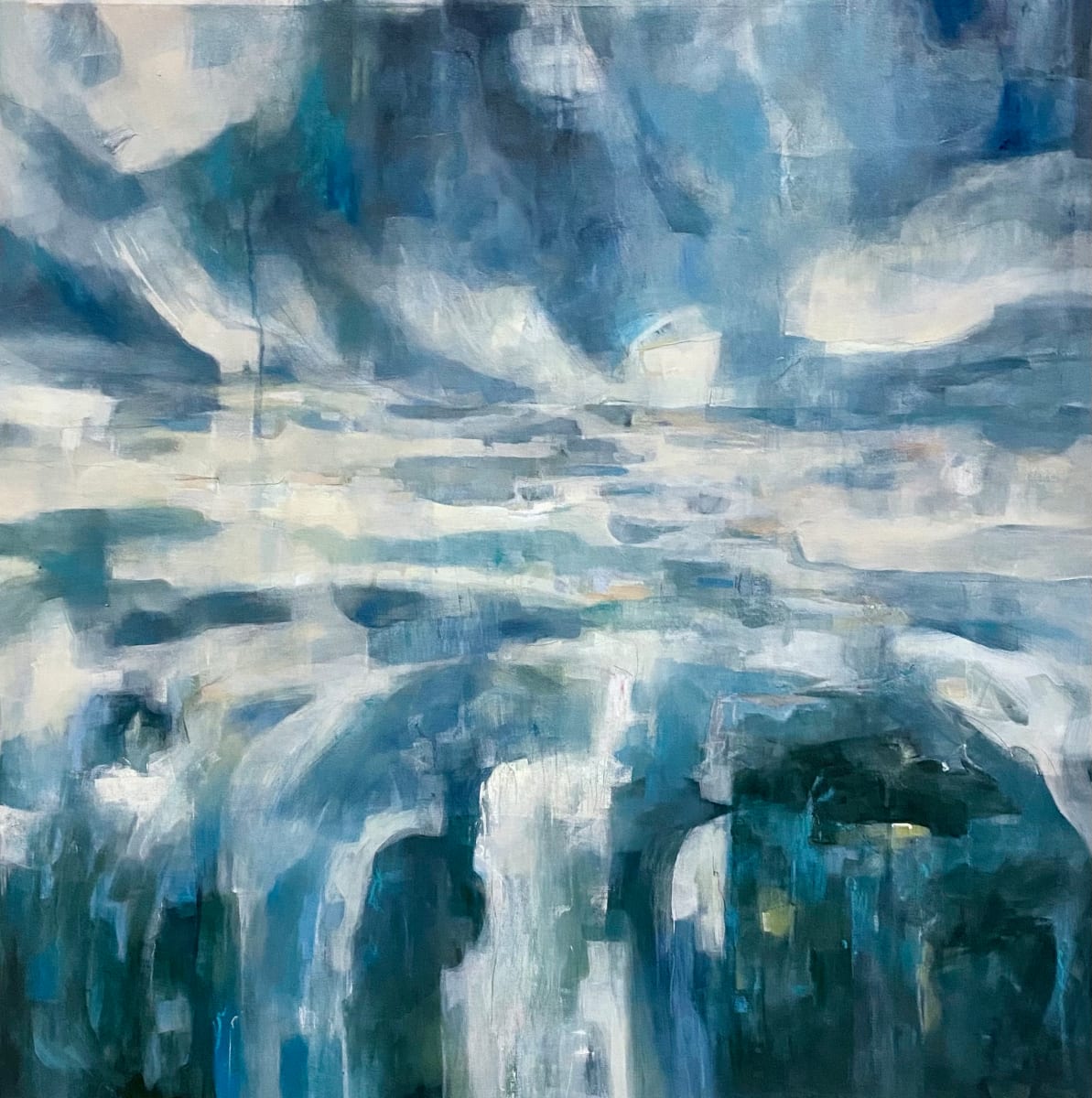 We All Need An Ocean by Jo York  Image: We All Need An Ocean...an abstracted landscape playing with the shapes and colours of a wide open landscape with sea and sand and reflective water.