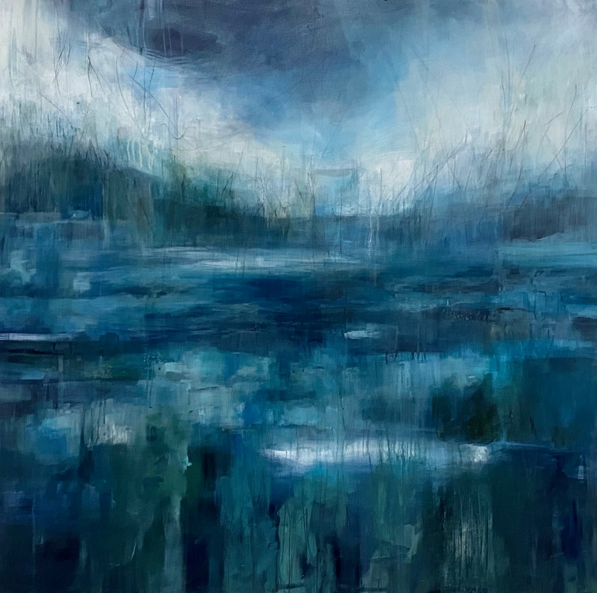 The Hidden Pool by Jo York  Image: The Hidden Pool: an abstracted response to a deep pool, tucked away and little known. Made in a great many layers of opaque and translucent acrylics, in rich blues and greens.