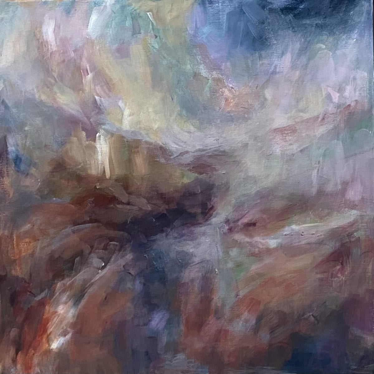 Watching: weather coming in by Jo York  Image: Watching- standing on the moor watching the mood and atmosphere change, as the weather rolls in.
Made in many layer of opaque and translucent acrylic on deep canvas.